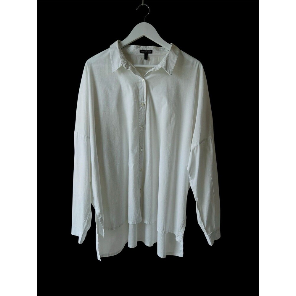 Eileen Fisher Womens White Button Down Shirt Sz XL Organic Cotton Blend Minimal